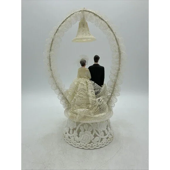 Wedding Cake Topper Bride Groom Lace Bell 1950s Vintage - Picture 10 of 16